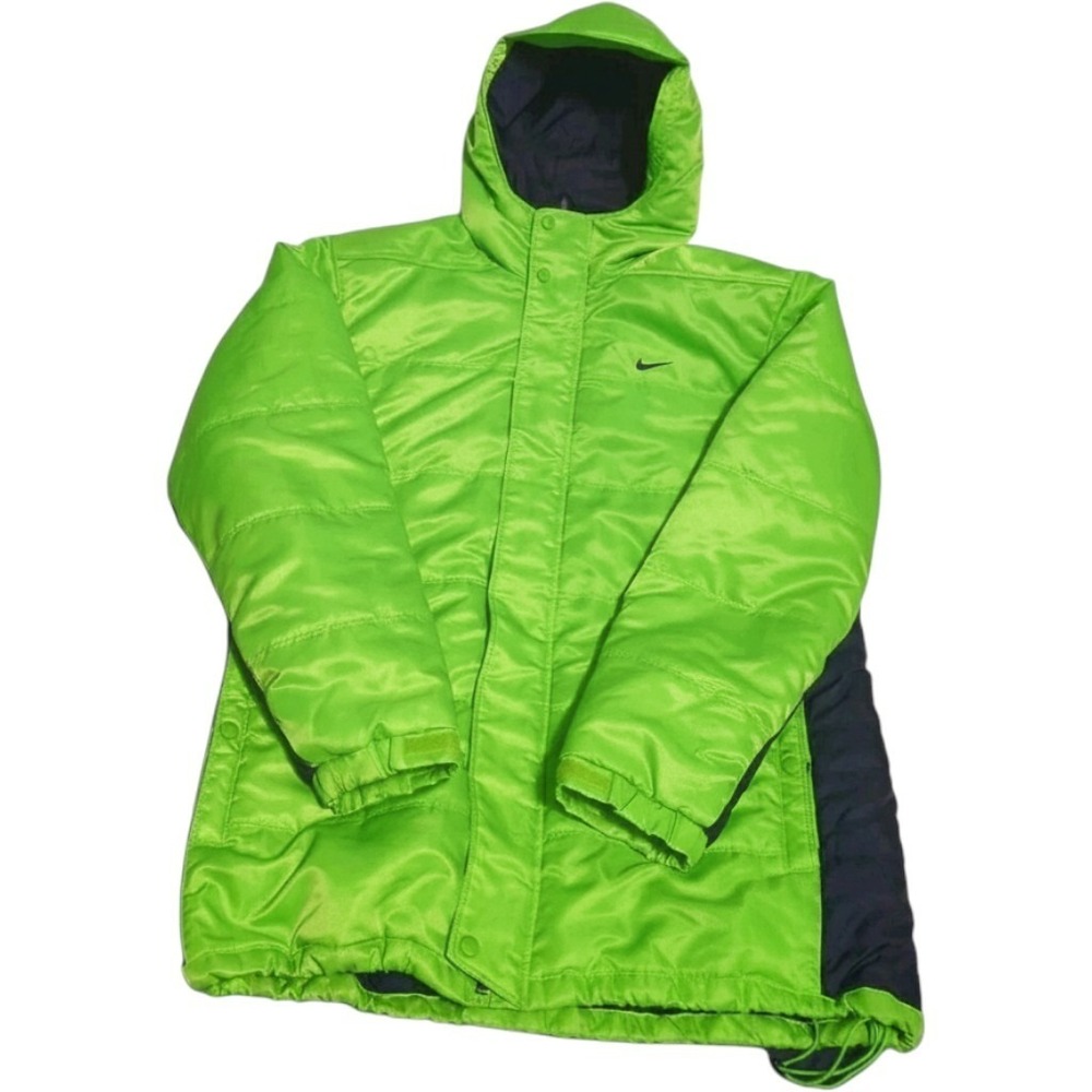 Vtg Nike Puffer hooded Jacket big Logo Size XXL Y2K neon green streetwear swoosh